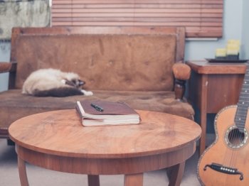 A pretty old notebook on a coffee table with a cat sleeping on a sofa in the background