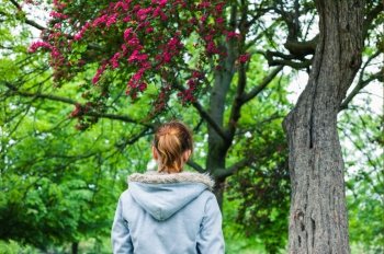 A young woman is walking in a park and is looking at a tree in bloom
