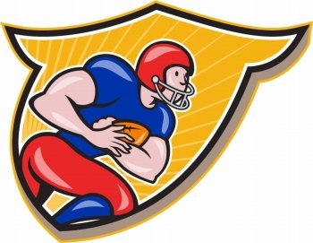 Illustration of an american football gridiron running back player running rushing with ball facing side set inside shield crest done in cartoon style.. American Football Running Back Rushing Shield Cartoon