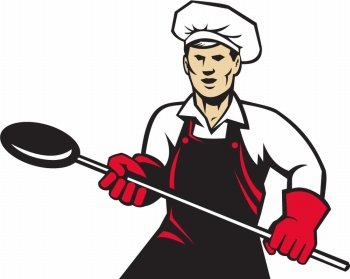 illustration of a baker holding baking pan with long handle done in retro style. baker holding baking pan with long handle