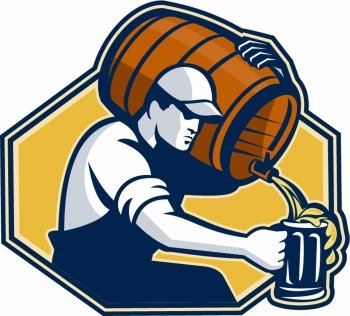 Illustration of a bartender worker with carrying beer barrel keg on shoulder pouring beer into glass mug.