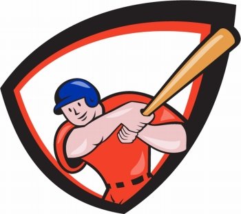 Illustration of an american baseball player batter hitter batting with bat set inside shield crest done in cartoon style isolated on white background.. Baseball Player Batting Front Shield Cartoon