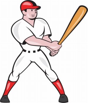 Illustration of an american baseball player batter hitter batting with bat done in cartoon style isolated on white background.. Baseball Hitter Batting Isolated Cartoon