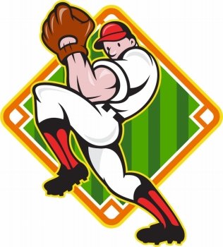 Cartoon illustration of a baseball player pitcher pitching ball facing front with diamond field in background.
