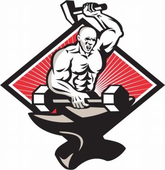 Illustration of a blacksmith with hammer forging striking a barbell dumbbell on anvil set inside diamond shape done in retro style.
