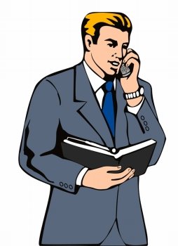 Illustration of businessman talking calling on the phone holding a diary isolated on white background done in retro style. . Businessman on the Phone with Diary