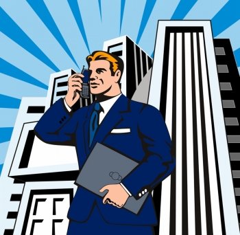 Illustration of businessman talking on the phone holding a laptop walking with building in the background done in retro style. . Businessman on the Phone with Laptop