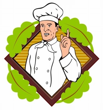 illustration of a chef, cook or baker pointing finger set inside a diamond done in retro style.