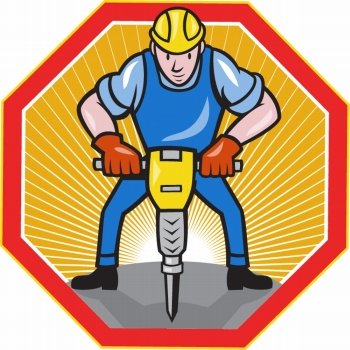 Illustration of a construction worker with jack hammer pneumatic drill done in cartoon style set inside hexagon.