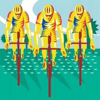 Illustration of a cyclist riding racing bicycle cycling front view done in retro woodcut style.. Cyclist Riding Bicycle Cycling Retro