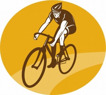 illustration of a Cyclist riding racing bike set inside oval viewed from front done in retro woodcut style.. Cyclist riding racing bike