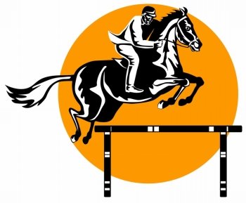 Ill lustration of a horse and jockey equestrian show jumping done in retro style.