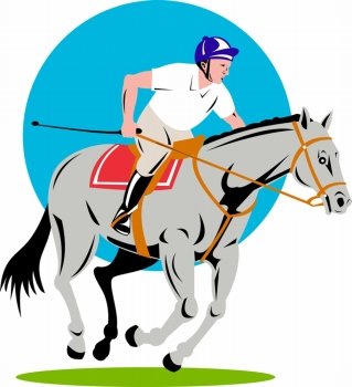 Illustration of a horse and jockey equestrian show jumping done in retro style.
