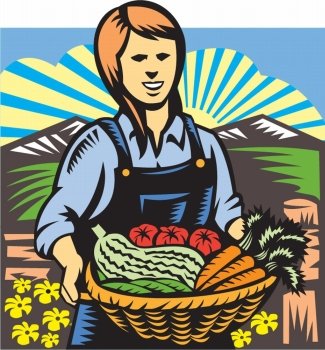 Illustration of female organic farmer with basket of crop produce harvest fruits vegetables facing front with farm fields mountains and fence in background done in retro wpa woodcut style.