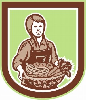 Illustration of female woman organic farmer with basket of crop produce harvest fruits vegetables facing front set inside circle done in retro woodcut style.. Woman Organic Farmer Farm Produce Harvest Retro
