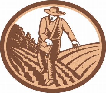 Illustration of organic farmer with satchel bag sowing seeds in farm field set inside oval shape done in retro woodcut style.. Organic Farmer Sowing Seed Woodcut Retro