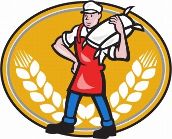 Illustration of a flour miller worker wearing apron bib carrying flour sack on shoulder set inside oval with wheat stalk crossed in background done in cartoon style.. Flour Miller Carry Sack Wheat Oval
