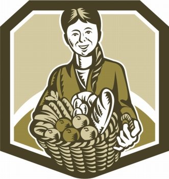 Illustration of female organic farmer gardener horticulturist with basket full of crop harvest, fruits and vegetables set inside shield done in retro woodcut style.