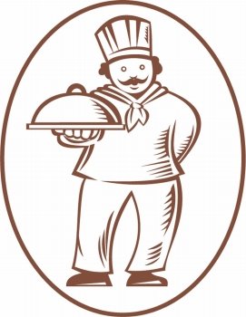 Illustration of a chef cook baker holding a platter dish done in retro woodcut style on isolated white background.. Chef Cook Baker Holding Dish Platter