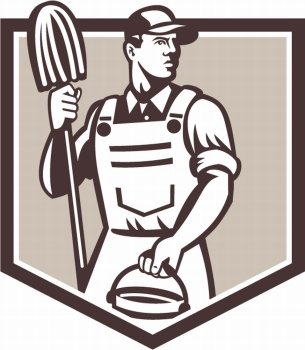 Illustration of a janitor cleaner worker holding mop and water bucket pail viewed from low angle set inside shield done in retro style.. Janitor Cleaner Holding Mop Bucket Shield Retro