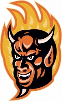 Illustration of a demon devil with big horns with fire flames in background done in retro style.. Demon Devil Horns Fire Retro