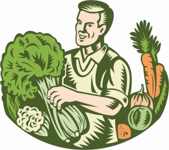 Illustration of an organic farmer green grocer with leafy green vegetables crop farm harvest done in retro woodcut style.. Organic Farmer Green Grocer With Vegetables Retro