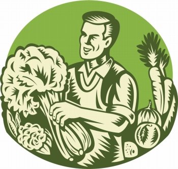Illustration of an organic farmer green grocer harvesting green leafy vegetables set inside circle done retro woodcut style.