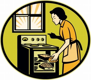 Illustration of a housewife woman baker wearing apron baking in stove oven with window done in retro style.. Housewife Baking Bread Pastry Dish Oven Retro