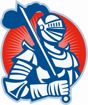 Illustration of knight in full armor with sword set inside circle done in retro woodcut style.