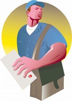illustration of a postman mailman with holding an envelope and mailbag set inside a circle on isolated background. postman mailman with mail envelope mailbag