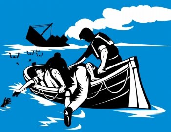 Illustration of passenger ship sinking survivors helping other passengers into life boat raft done in retro woodcut style.. Passenger Ship Sinking Survivors in Life Raft