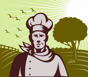 illustration of a Baker chef or cook with farm setting in background done in retro woodcut style. Organic Baker chef or cook with farm in background