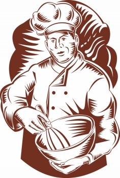 illustration of a chef, cook or baker done in retro woodcut style holding mixing bowl