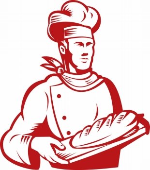 illustration of a chef, cook or baker done in retro style holding dough bread on tray