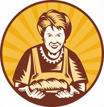 illustration of an old woman presenting a freshly baked loaf of bread set inside a circle.. Grandma granny baker cook loaf bread