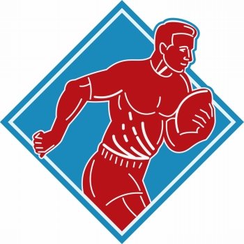 illustration of a rugby player running with the ball set inside a diamond. rugby player running with the ball 