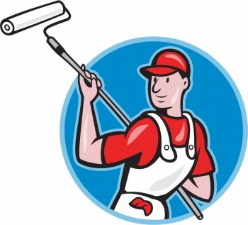illustration of a house painter with paint roller painting isolated on white done in cartoon style.