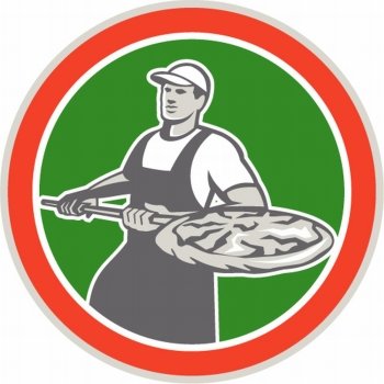 Illustration of a baker holding a peel with pizza pie facing front set inside circle done in retro style on isolated white background.. Baker Holding Peel With Pizza Circle Retro