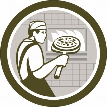 Illustration of a baker pizza maker holding a peel with pizza pie into a brick oven viewed from side done in retro style on isolated white background.. Pizza Maker Holding Peel Side Retro Circle