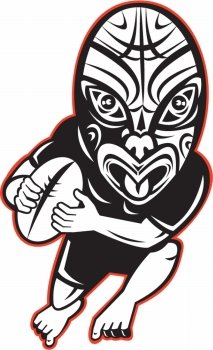cartoon illustration of a Rugby player running wearing Maori mask wearing black on isolated white background. Rugby player running wearing Maori mask