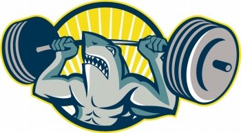 Illustration of a shark weightlifter lifting weights barbell viewed from front set inside circle done in retro style.. Shark Weightlifter Lifting Barbell Mascot