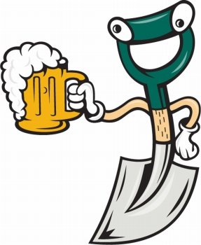 Illustration of a shovel holding beer mug on isolated background done in cartoon style.. Shovel Holding Beer Mug Cartoon
