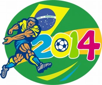 Illustration of a Brazil football player kicking soccer ball with Brazilian flag in background with numbers 2014 done in retro style.