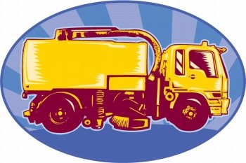 illustration of a street cleaner sweeper truck viewed side view done in retro style set inside an ellipse with sunburst.
