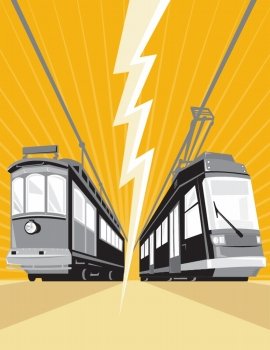 Illustration of a vintage and modern streetcar train tram viewed from a low angle with lightning bolt in the center done in retro style.. Vintage and Modern Streetcar Tram Train