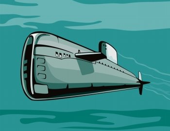Illustration of a submarine boat going up the water surface with battleship in background done in retro style.