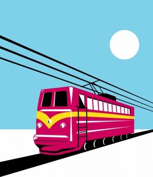 illustration of electric passenger train locomotive coming up on railroad done in retro  style on isolated background.  electric passenger train 