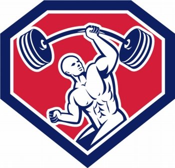 Illustration of a weightlifter lifting barbell with one hand set inside shield crest shape on isolated background viewed from front done in retro style.. Weightlifter Lifting Barbell Shield Retro