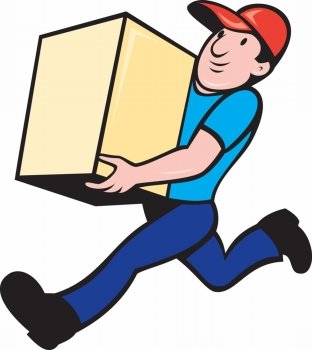 illustration of a delivery person worker running delivering box done in cartoon style on isolated background. delivery person worker running delivering box