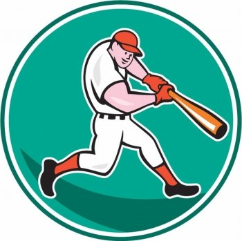 Illustration of an american baseball player batting set inside circle on isolated background done in cartoon style.. American Baseball Player Batting Cartoon